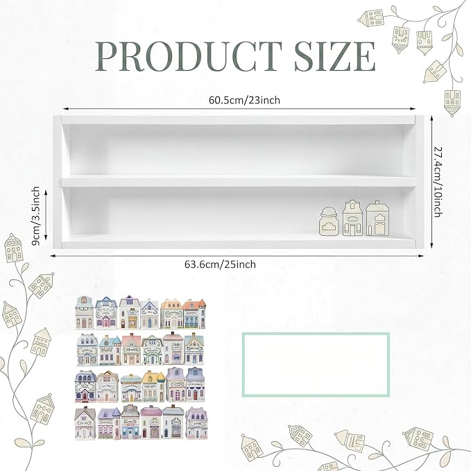 Chunful Vintage Spice Jar Wooden Rack White Minimalist 2-Tier Spice Shelf for 24 Jars, Village Style Wall Mounting Kitchen Storage Decorative Hanging Display Rack, Shelf Only