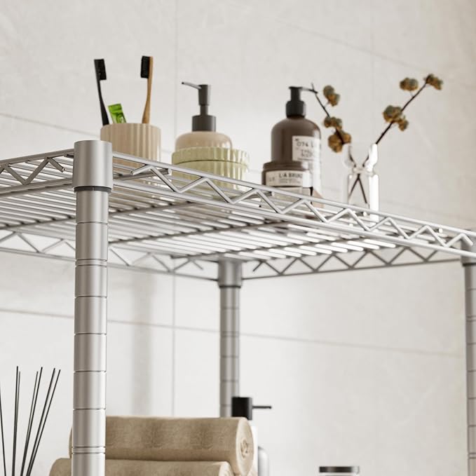 Golpart Shelves Storage Shelf Wire Closet Bathroom Organizers Metal Pantry | 4 tier Kitchen Garage Shelving Unit Laundry Room Organization Home Rack Net Basket White with Wheels 14”D X 24”W X 48.9”H