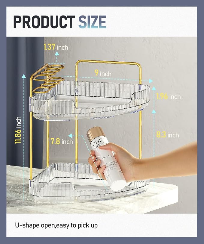 EUHOME 2-Tier Corner Bathroom Organizer Counter - Acrylic Makeup Skincare Organizer with Brush Holder, Perfume Tray for Countertop, Vanity, Dresser, Kitchen（Clear）