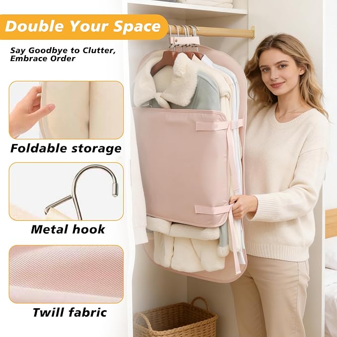 Closet Press Board Organizer, Space Saving Garment Bag, Space Saver Compression Bags, Jacket Storage For Closet, Large Capacity Closets Organizer For Office Bedroom Travel RV Daily Home (Pink)