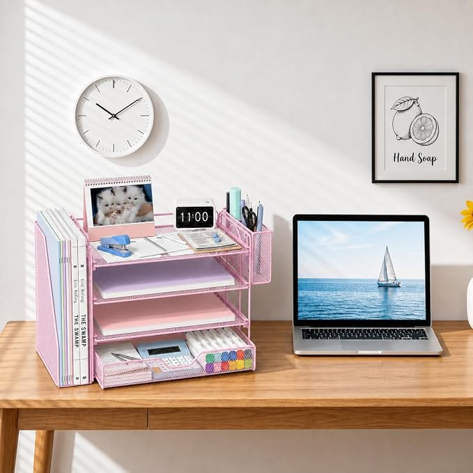 OPNICE Desk Organizer, 4-Tier Desktop File Organizer with Drawer and Pen Holders, Office Desk Accessories, File Sorters, Workspace Organizers for Office Supplies(Pink)