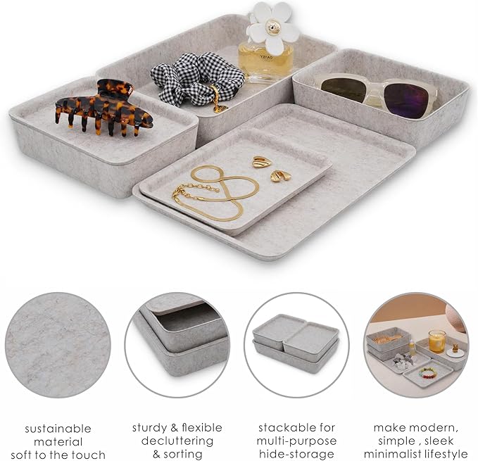 Welaxy Lidded Felt Drawer Organizer Trays with lids Desktop Organizer Bins Storage box for crafts office supplies pen notes Junk Makeup Stationery Organize 3- Pack gift idea (Oatmeal)