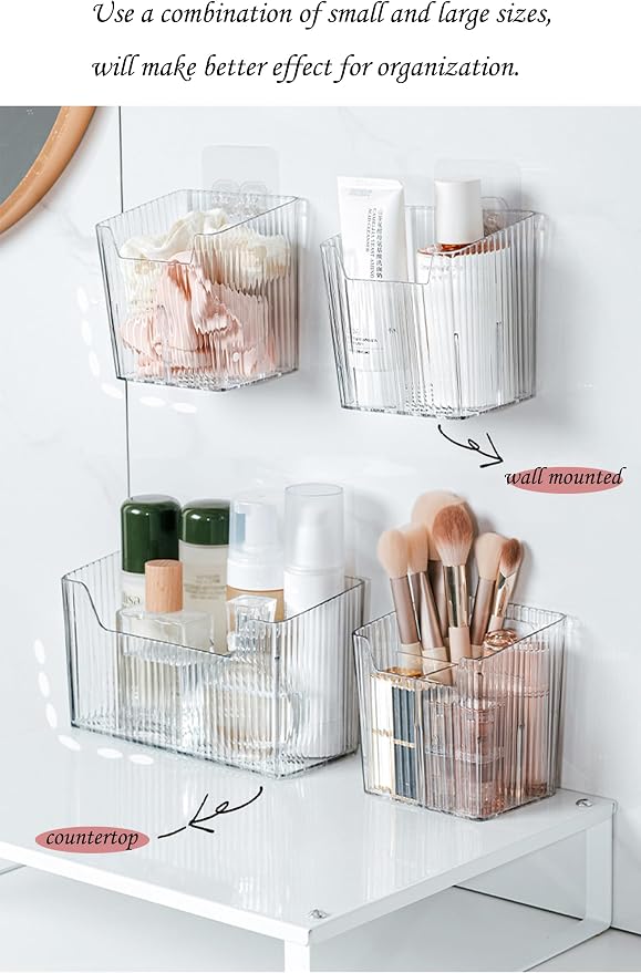 Lae Nuvole 2Pcs Storage Organizer Bins, Wall Mount Toothbrush Holder, Clear | with Dividers & 4 Adhesive Pads, No Drill, Renter Friendly, BPA-Free PET, Fits Bathroom, Apartment, RVs, Cabinet/Pantry Door