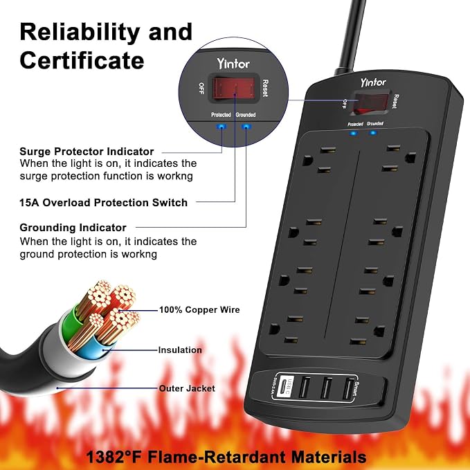 Surge Protector Power Strip, Yintar 10 Feet Flat Plug Extension Cord with 8 AC Outlets and 4 USB Ports, 2700 Joules, ETL Listed, Black