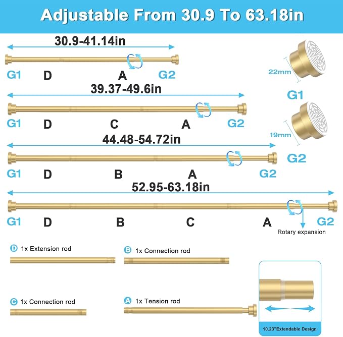 Tension Curtain Rod 30 To 63 Inch Gold Tension Rods Adjustable Spring Loaded Curtain Rods 7/8" Curtains Rods No Drilling Tension Rods For Windows Bedroom Closet Doorway Door 2pcs