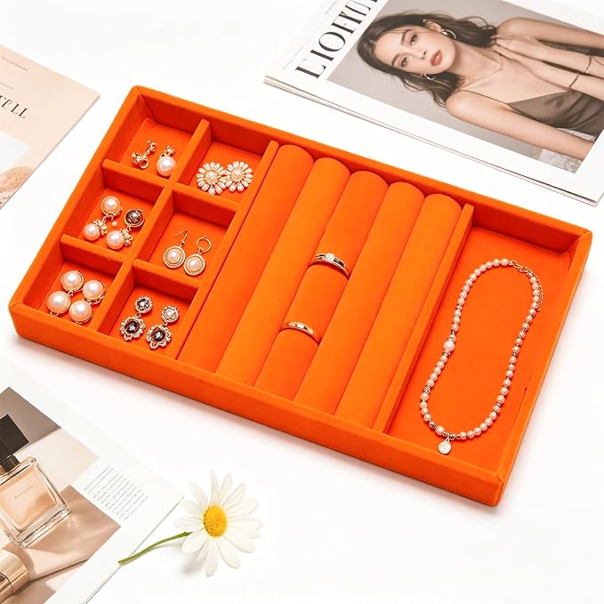 Velvet Jewelry Trays for Drawers, Orange Stackable Jewelry Drawer Organizer Inserts, Ring Earring Necklace Bracelet Holder Organizer Storage Display Tray with Removable Dividers, 3-in-1