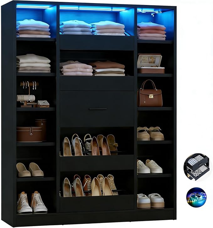 Besiost 40" Closet System with LED Lights, Wooden Closet Organizer with Drawers & Shelves, Versatile Closet Storage Tower for Walk-in Closets, Shoe Rack and Handbag Storage Cabinet, Black
