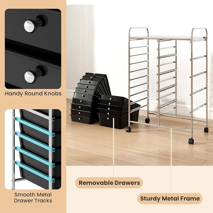DREAMADE 15-Drawer Rolling Storage Cart, Mobile Craft Cart, Black | Utility Organizer with Lockable Wheels, Removable Plastic Drawers and Metal Frame for Home Office, Classroom and Studio
