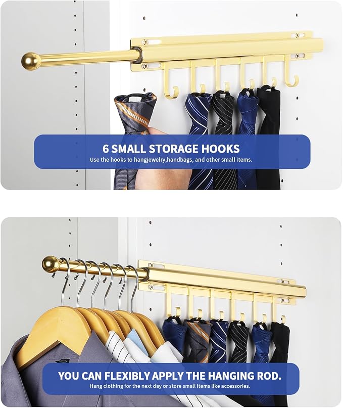 BaiNong Valet Rod for Closets Pull Out 16.5" Gold with 6 Hooks (2Pack) | Closet Valet Rod Slide Out for Closets, Laundry Rooms, RVs Space-Saving