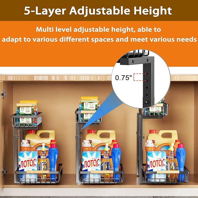 Under Sink Organizer,2 Pack Kitchen Organizers and Storage Adjustable Height 2 Tier Sliding L-Shape Cabinet Organizers Meatal,Under Bathroom Sink Organizer with Anti Slip Wooden Handle