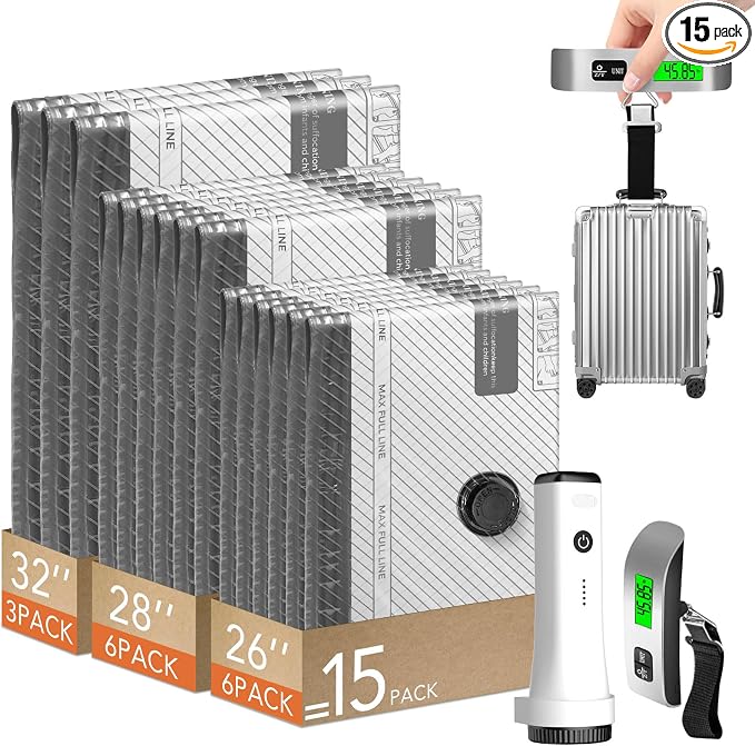 15 Pack Vacuum seal Bags for Clothing Travel with -60,000Pa Electric Pump & Luggage Scale, Space Saver Compression Bags for Suitcase, Travel Essentials to Check Luggage Weight & Avoid Overweight Fees