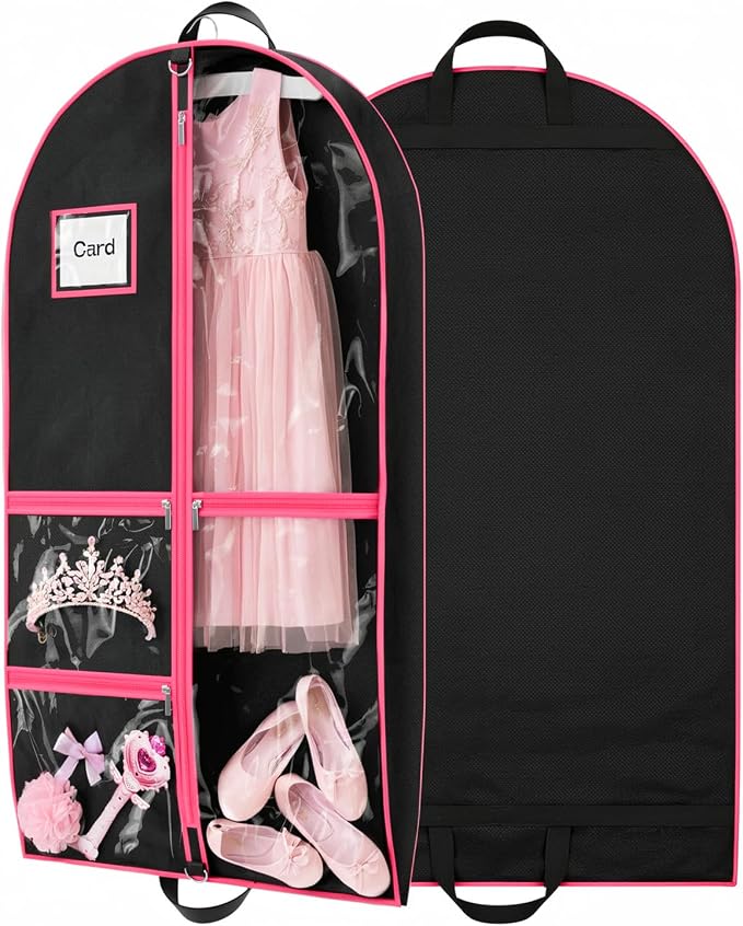 Dance Garment Bags for Dancers, 40" Garment Bags for Hanging Clothes with 3 Clear Zipper Pockets, Cheer Uniform Garment Bag for Suits, Travel & Sports Jersey (Black Pink, 1 Pack (40 inches))