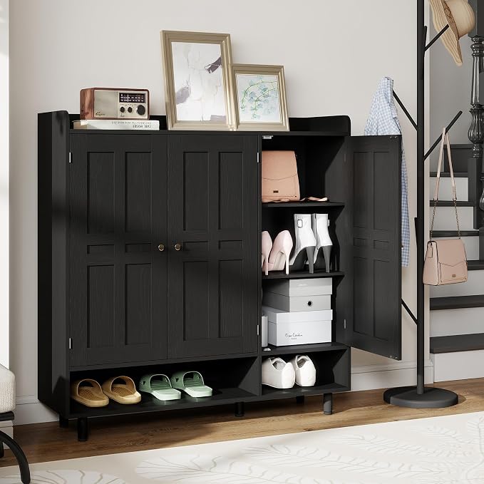 Shoe Cabinet with 3 Doors and Adjustable Shelves, Large Shoe Storage Cabinet for 24–30 Pairs, Modern Farmhouse Shoe Organizer with Open Bottom Shelf for Entryway, Living Room, Black