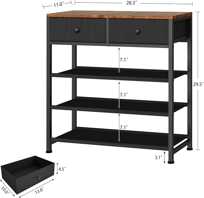 usikey Shoe Rack, 4 Tier Shoe Storage Organizer with 2 Drawers, Metal Shoe Shelf for 9-12 Pairs of Shoes, with 3 Oxford Fabric Shelves and Wooden Top, Shoe Stand for Closet Entryway, Black