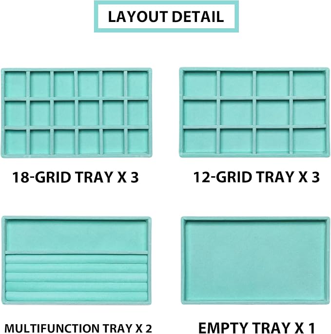 Frebeauty Jewelry Trays for Drawer,Set of 9 Jewelry Organizer and Storage | Velvet Material,Earring Holder Organizer,Stackable Jewelry Display for Vanity,Drawer Inserts for Rings,Studs,8.3×4.9 inch