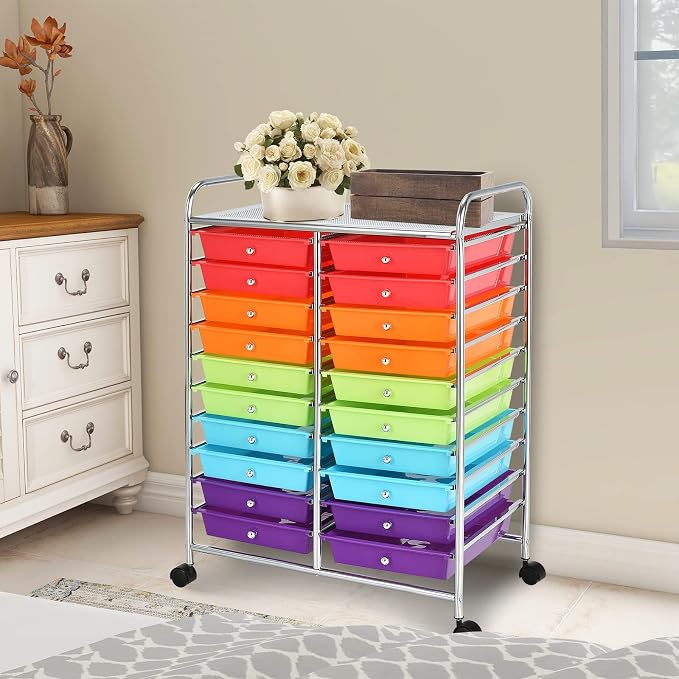 LDAILY 20-Drawer Rolling Storage Cart, Rolling Storage Cart, Storage Organizer on Wheels, Metal Frame, Scrapbook Paper Tools, Suitable for Office School, Classroom (Multicolor, 20 Drawer)