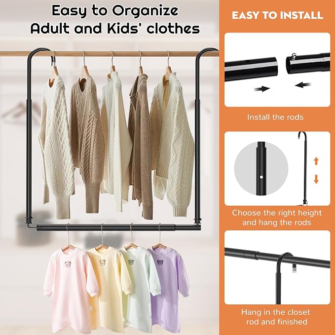 Hanging Closet Rod Adjustable Width Height Closet Rods For Hanging Clothes Black 2 Pack Closet Extender Hanging Rod Clothes Space-Saving Hanging Bar Organizer