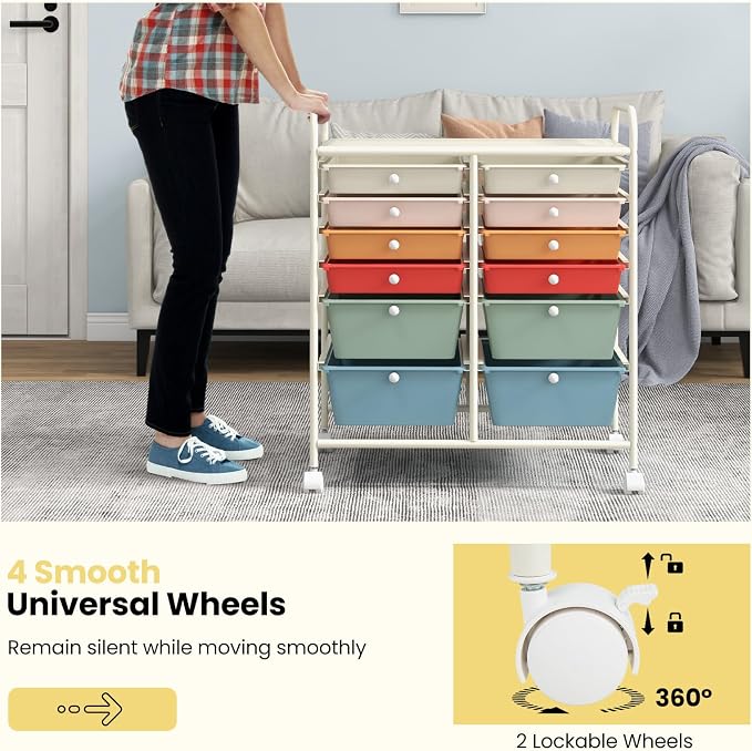 Moccha 12-Drawer Rolling Storage Cart - Utility Cart on Wheels with Lockable Casters for Craft Art Supply Paper Salon, Mobile Drawer Carts for Classroom Teacher School Office, Macaron