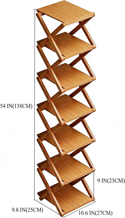 Bamboo Shoe Rack - No Assembly Required, Tall Narrow Foldable Shoe Organizer, Space-Saving Multifunctional Shelf for Entryways, Corners, Bedrooms, Balconies, 7 Layer Brown (Reinforced And Thickened )