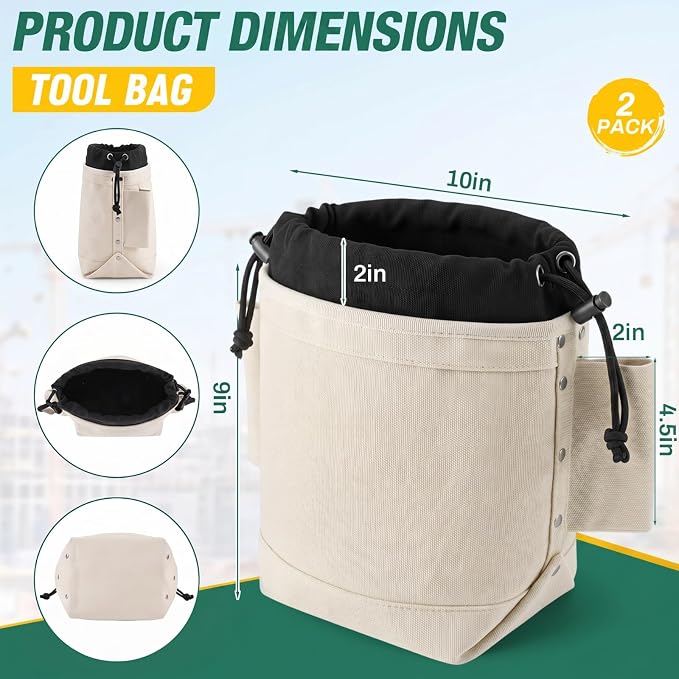2 Pcs Tool Pouches 5" x 10" x 9", Top Closing Small Tool Bags with Drawstring, Tunnel Connection Double Reinforced Bottom, Belt Strap Connect, Bull Pin Loops for for Nuts Bolts Height Work