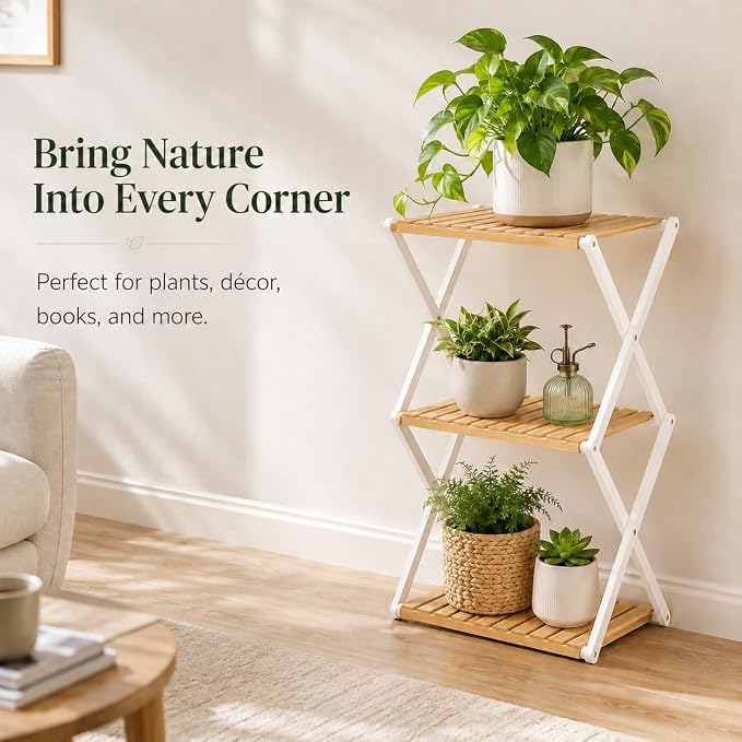 Foldable Bamboo Shoe Rack, 3-Tier Vertical Shoe Organizer for Small Spaces, Narrow Multifunctional Folding Shelf for Entryway, Closet, Bedroom, Hallway, Outdoor Camping & Plant Display-White
