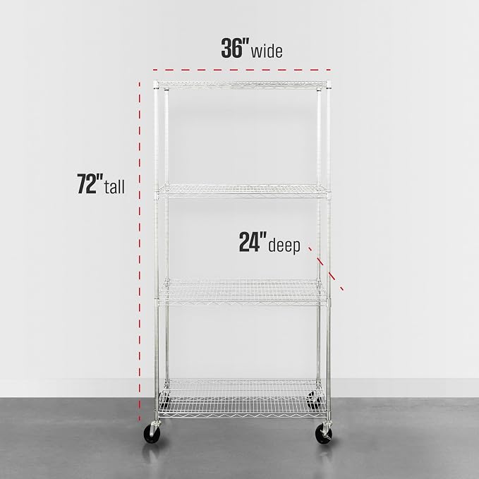 SafeRacks NSF 4-Tier Heavy Duty Steel Wire Rack w/Wheels (36"x24"x72")