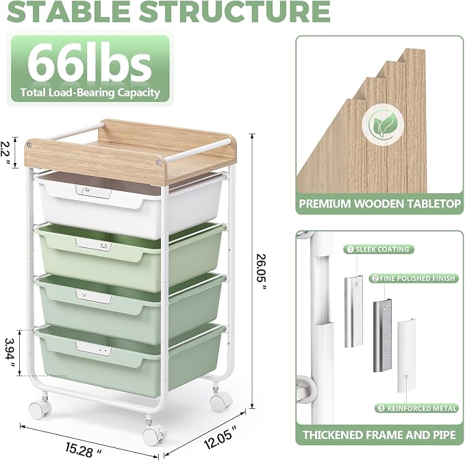 Rolling Craft Storage Cart with 4 Drawers,Utility Cart with Drawers,Art Craft Organizers and Storage,Kids Craft Cart,Kids Art Cart With DIY Lable and Wooden Tabletop Area,Green