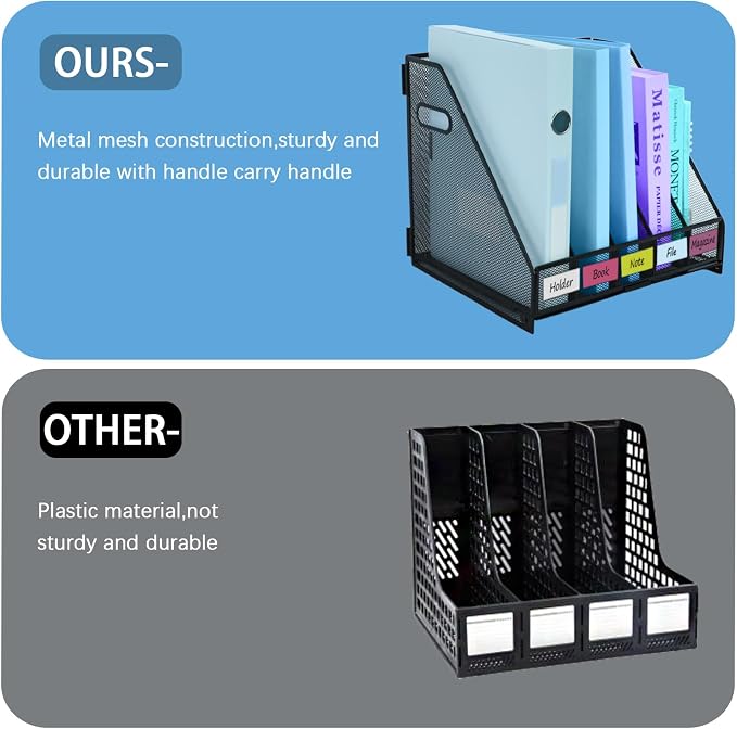 Desk Organizers Metal Magazine File Holder Racks Desktop Folder Storage Binder Organiser Document Organization for Home Office & Classroom,5 Vertical Compartments