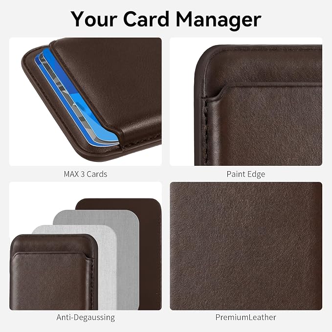 Magnetic Wallet Phone Card Holder for Phone Case with Mag-Safe, Stronger Magnetic RFID Leather Phone Wallet Stick on Series of iPhone 17/16/15/14/13/12 and Pro/Promax, Dark Brown