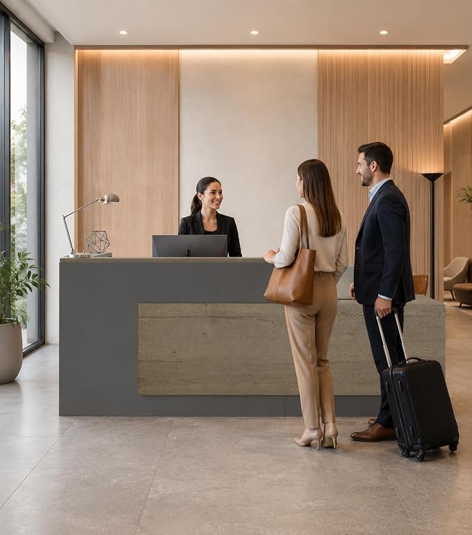 Modern L-Shaped Reception Desk with Counter - 79 Inches Front Desk with Storage Cabinet, Open Shelves, Lockable Drawer & Keyboard Tray for Office, Lobby, Checkout (Tobacco Wood & Iron Gray - Right)