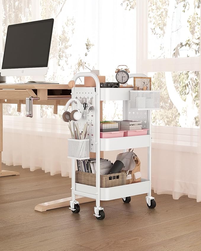 ALVOROG 3 Tier Metal Rolling Utility Cart with Pegboards,Baskets,Hook,White | More Storage Craft Cart with Pegboards,Lockable Wheels,Hooks & Baskets to Organize Kitchen,Office,Bedroom and DIY Supplies