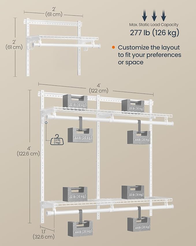 SONGMICS HOME Closet System, Closet Insert Organizer, 2-4 ft, Adjustable Metal Shelving Unit with 4 Hanging Rods, 4 Shelves, and Hooks, for Pantry Mudroom Garage Basement, Cloud White URGR031W01
