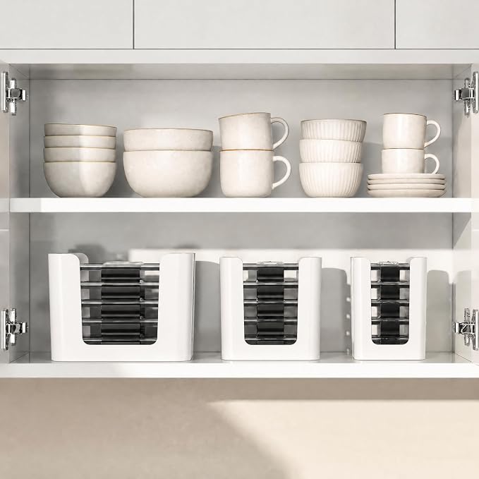 Food Container Lid Organizer for Rubbermaid Brilliance Lids, 3 Pcs Lid Organizers for Cabinet, Holds 24 Snap-On Lids, Stackable Kitchen Cabinet Organizer for 0.5, 1.3, 3.2 & 4.7 Cup Lid, White