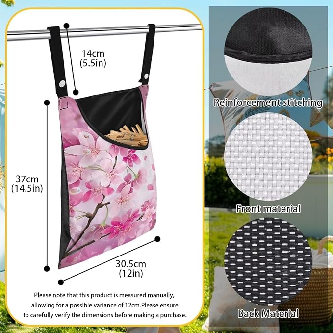 Cherry Blossom Clothespin Bag Space-Saving Laundry Hanging Storage Organizer Clothes Pin Hanging Bag with Rope Holds 100 Clothes Pins for Clothesline Outdoor Clothespin Accessory Bag