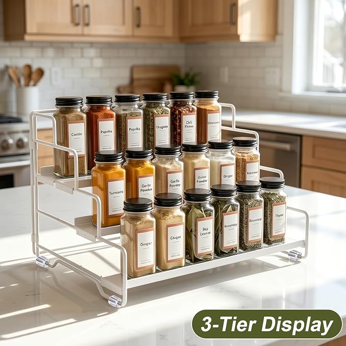 4-Tier Spice Rack Organizer for Cabinet, Adjustable Tiered Seasoning Holder, Metal Spice Shelf Organization for Kitchen, Countertop Cupboard Pantry, Space Saving Storage Shelf, Stepped Display Riser