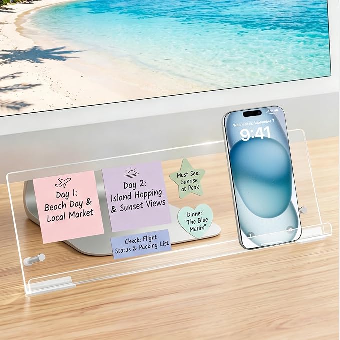 Monitor Memo Board Holder 14"x5", Computer Sticky Note Holder with Phone Stand, Space-Saving Office Organization, Movable & Reusable Screen Saver for Office & Home Desktop Decor