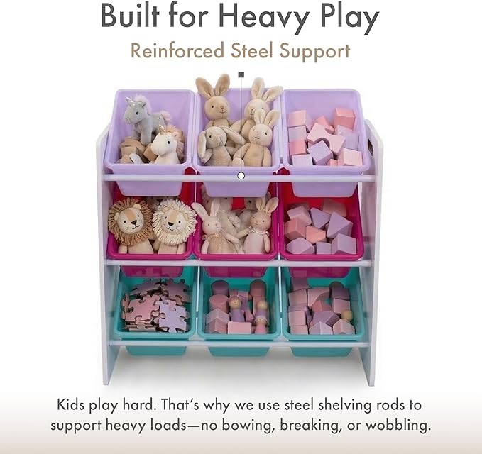 Humble Crew Toy Storage Organizer with 9 Removable Storage Bins for Kids Playroom, 3-Tier Toddler Toy Organization and Storage, White/Pink/Purple/Aqua