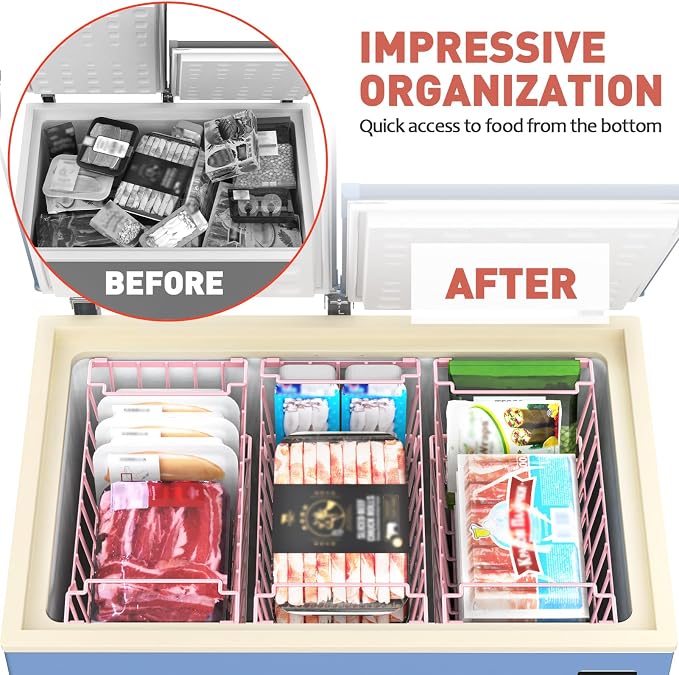 Goovilla Freezer Organizer Bins with Foldable Handle, 4 Pack Stackable Freezer Baskets for 3.5-7 Cu.FT Deep Chest Freezer Organization, Pink Metal Freezer Storage Bins with Better Space Utilization