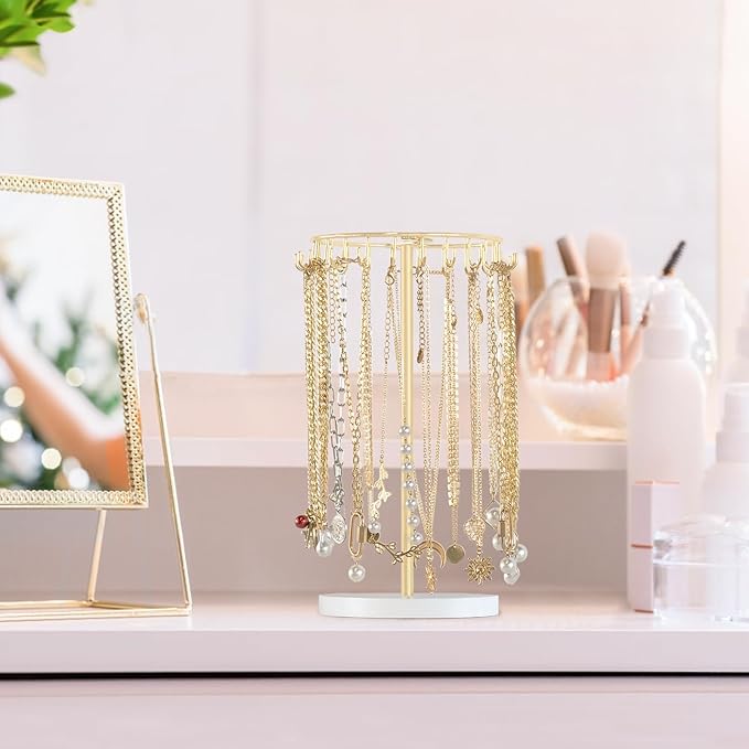 Mkono Necklace Holder Metal Jewelry Display Stand Necklace Organizer with 22 Hooks for Storage and Hanging Bracelet Keychain Home Room Decor for Women,Gold