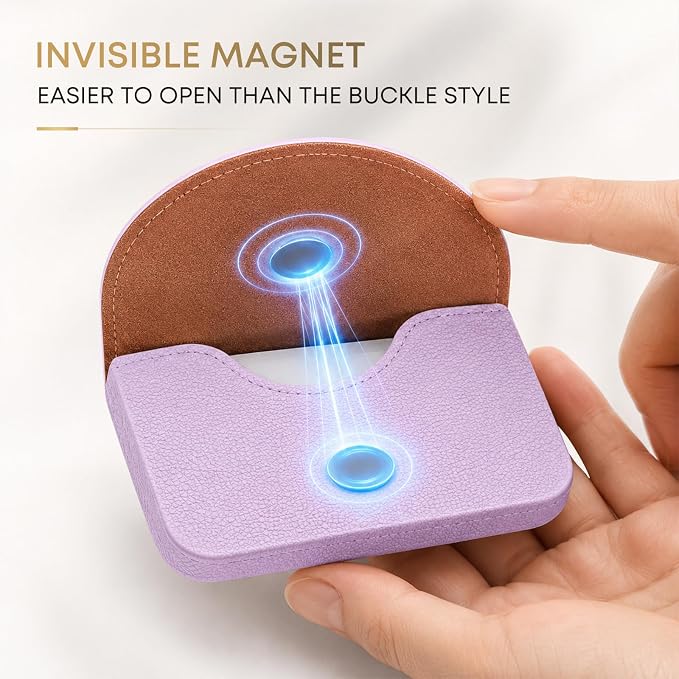 Business Card Holder，PU Leather Business Card Case Wallet Purple | Pocket Travel Name Card Case for Men and Women Gift，Portable Magnetic Business Card Carrier for Purse