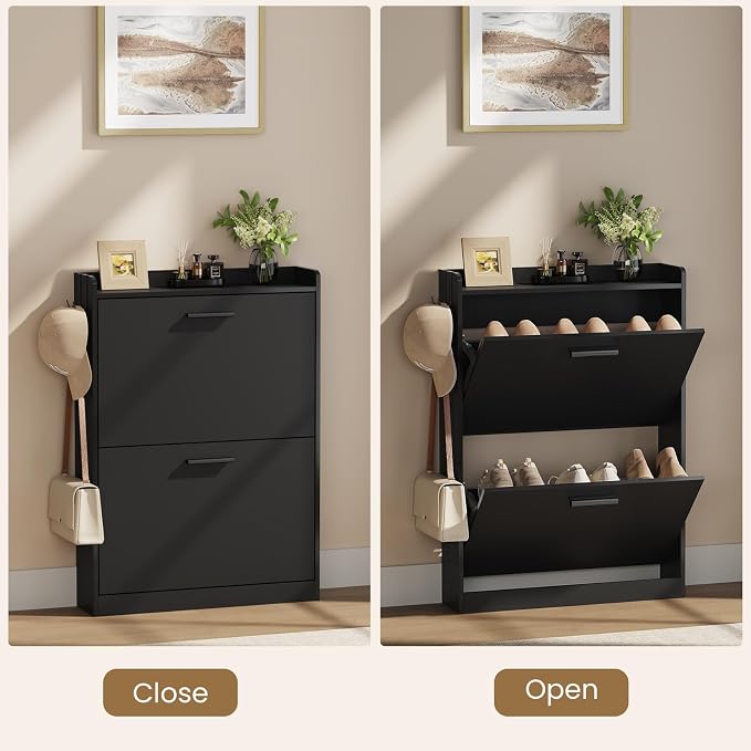 Shoe Cabinet Organizer with 2 Flip Drawers, Freestanding Shoe Rack Cabinet, 23.6" W × 6.3" D × 33.1" H Narrow Shoe Cabinet Storage for Entryway, Foyer, Hallway, Black