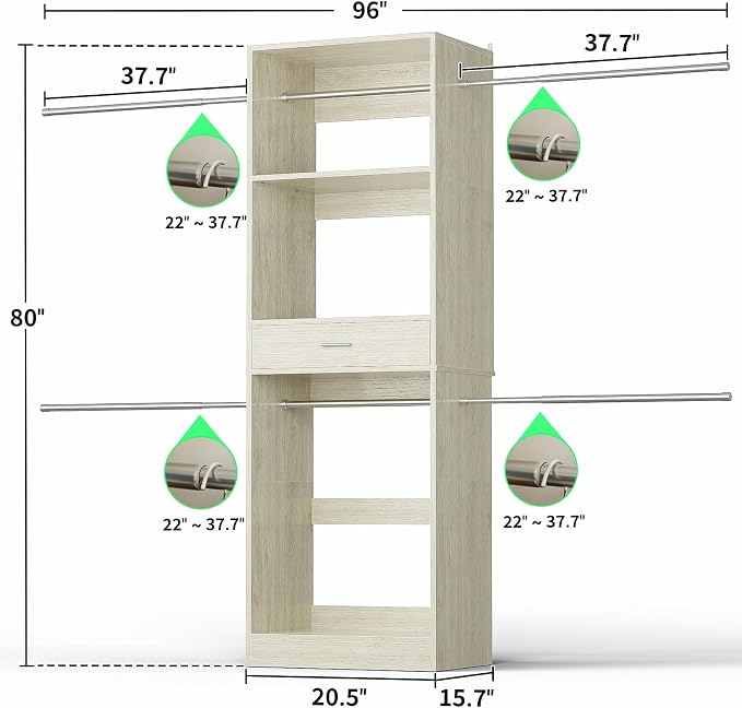 Unikito 96” Closet System, 8FT Walk in Closets Organizer Kit with 4 Extendable Hanging Rods and Drawer, Adjustable Wood Garment Rack, Sturdy Closet Insert, Easy Assembly, Max Load 1000 LBS, White Oak