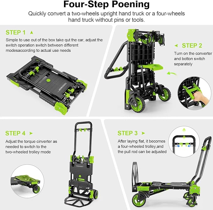 330LB Folding Hand Truck Heavy Duty Carrying, Combination of Four Wheels and Two Wheels Convertible Dolly Cart with Retractable Handle Dolly for Moving Office Carts(Green)