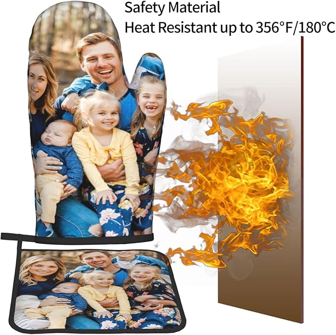Custom Oven Mitts and Pot Holders Personalized with Your Picture Text, Baking Gifts for Women for Kitchen Cooking, BBQ, Grillin-Style3, 2 Oven Mitts+ 2 Pot Holders
