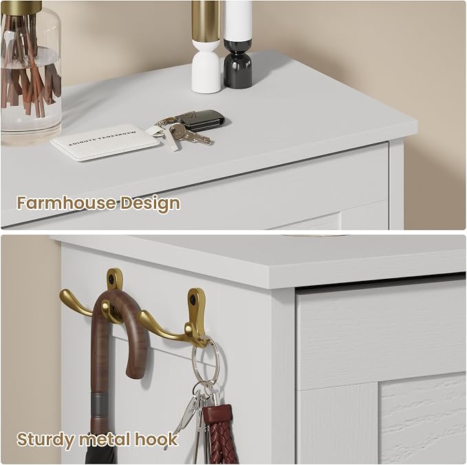 Shoe Cabinet Organizer with 3 Flip Drawers, Modern Narrow Shoe Cabinet with Metal Handles, Freestanding entryway Organizer with 2 Adjustable Shelves & 2 Hooks, for Foyer, Hallway, White