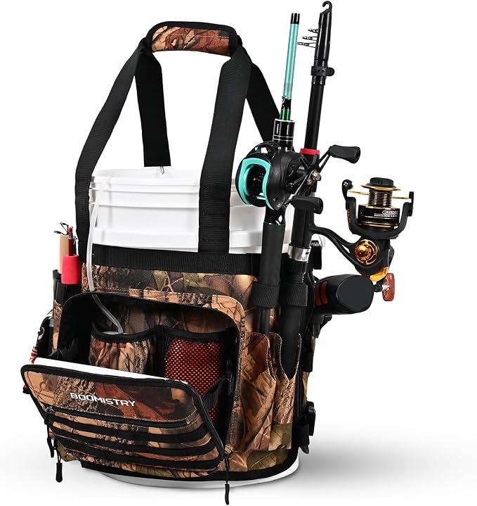 Boomistry Fishing Bucket Organizer for 5 Gallon Bucket, Brown Camo | 15 Multi-Pockets, 4 Built-in Rod Holder Storage, 3 Adjustable Buckles, for All Fishing Gear & Tackle Accessories