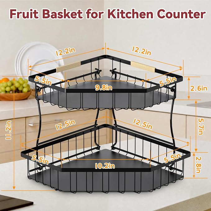 2 Tier Extra Large Fruit Basket for Kitchen Counter - Detachable Metal Fruit Bowl with 2 Banana Hangers for Corner, Large Capacity Fruit Stand with Wooden Handle - Black