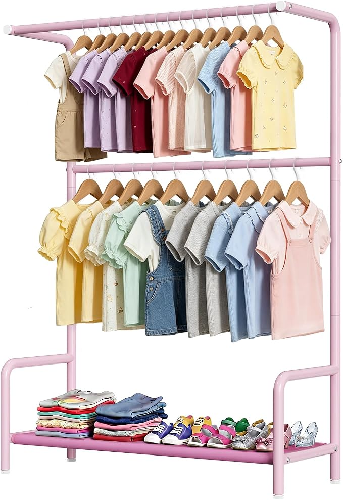 LOVEGRASS Kids Clothing Rack Double Rods for Bedroom Playroom Pink | Double Rod Design, Powder Coated Steel, Bottom Storage Shelf, for Baby Toddler Clothes, Dress Up, Nursery, Bedroom, Playroom
