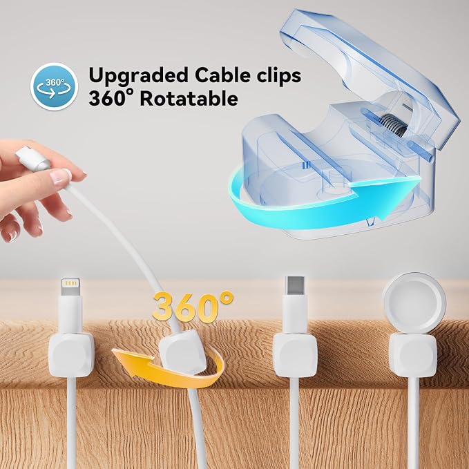 Lancord 8 Pack Cord Organizer Holder, Rotatable Cable Clips, Spring Cord Holder for Nightstand Adhesive Cable Organizer, Cable Management Clips Charging Cord Organizer (White, Square)
