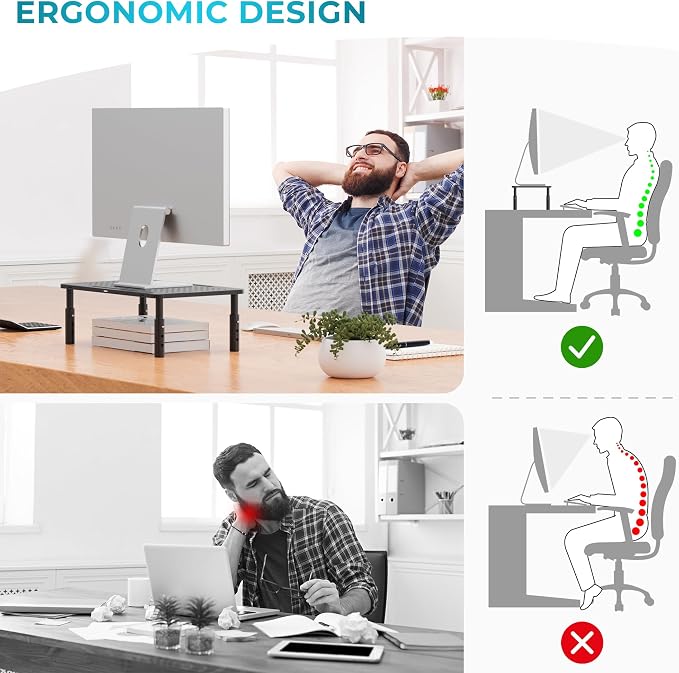 BONTEC Monitor Stand for Desk 1 Pack, 3-Level Height Adjustable | 14.5 x 9.1 in Ergonomic Metal Computer Stand with Pen Holder & Cable Management for Printer, Laptop and Office Workstation